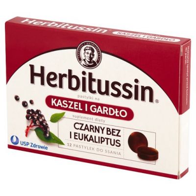 Herbitussin Czarny bez i eukaliptus Pastylki na kaszel i gardło Suplement diety 12 pastylek