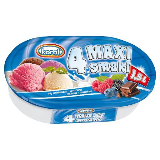 Koral 4 Maxi smaki Lody śmietankowe owoce leśne malinowe czekoladowe 1,5 l