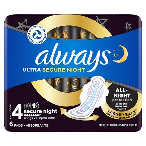 Always Podpaski Ultra Secure Night (rozmiar 4) Podpaski ze skrzydełkami, x 6]