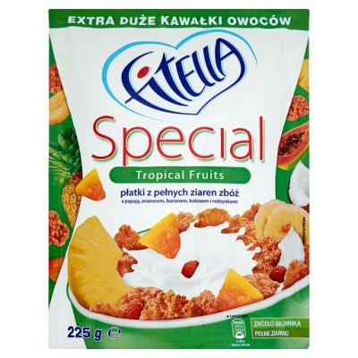 Fitella Special Płatki z pełnych ziaren zbóż z papają ananasem bananem kokosem i rodzynkami 225 g