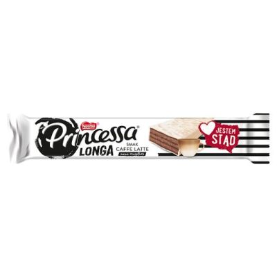 Princessa Longa Kakaowy wafel przekładany kremem o smaku caffe latte oblany białą polewą 40 g