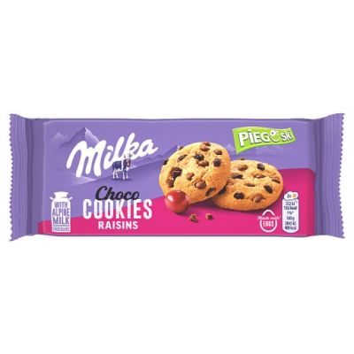 Milka Pieguski Choco Cookies Raisins Ciasteczka z kawałkami czekolady mlecznej i rodzynkami 135 g