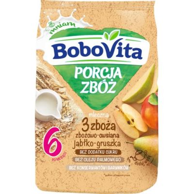 BoboVita Porcja Zbóż Kaszka mleczna 3 zboża zbożowo-owsiana jabłko-gruszka po 6 miesiącu 210 g